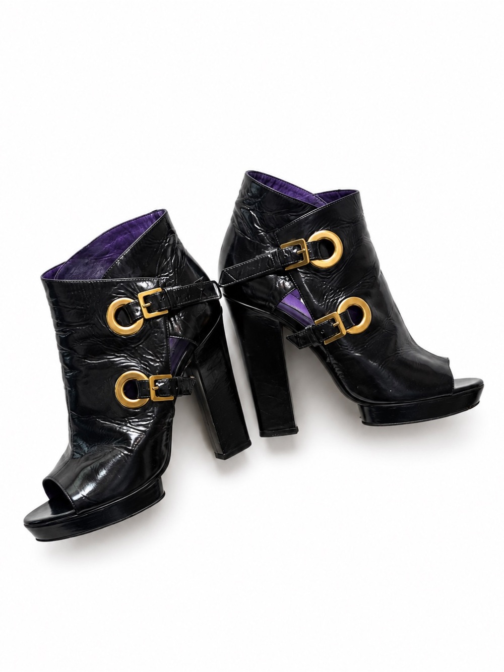 Sergio Rossi Crinkle Patent Leather Open-toe Booties Golden Statement Buckles 38